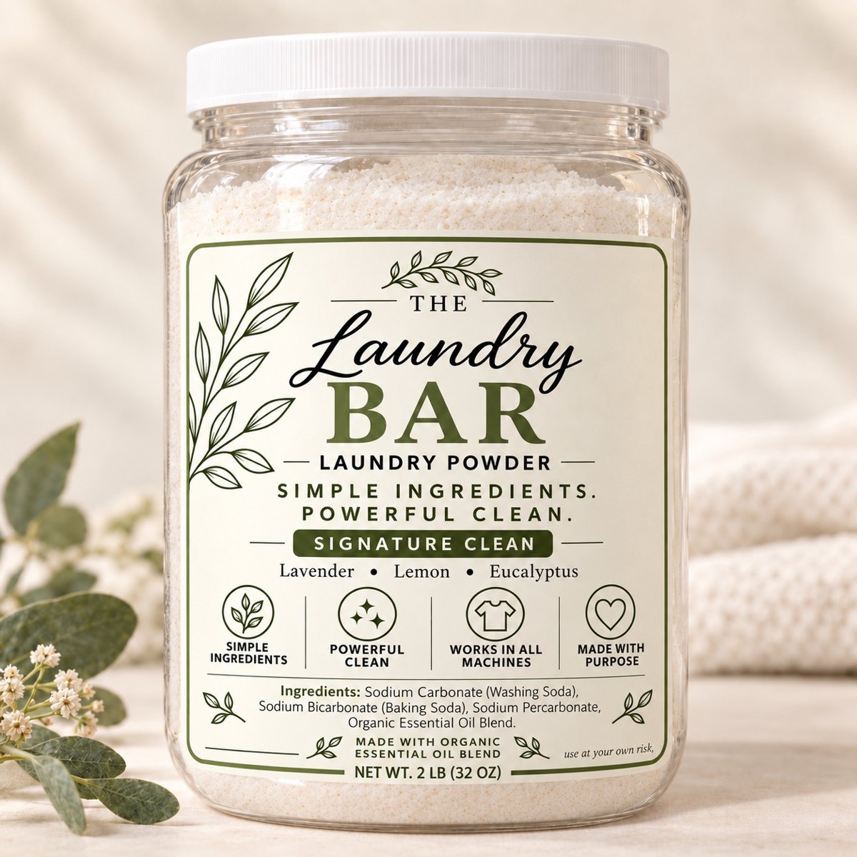 The Laundry Bar Signature Clean laundry powder in its original cream and sage labeled jar